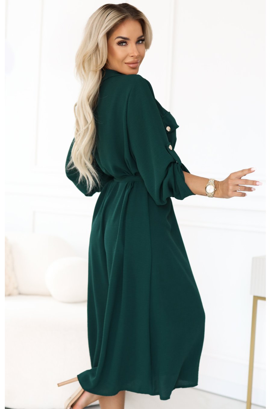 Rochie tip camasa verde midi cu maneca lunga Asiyah 2 - jojofashion.ro
