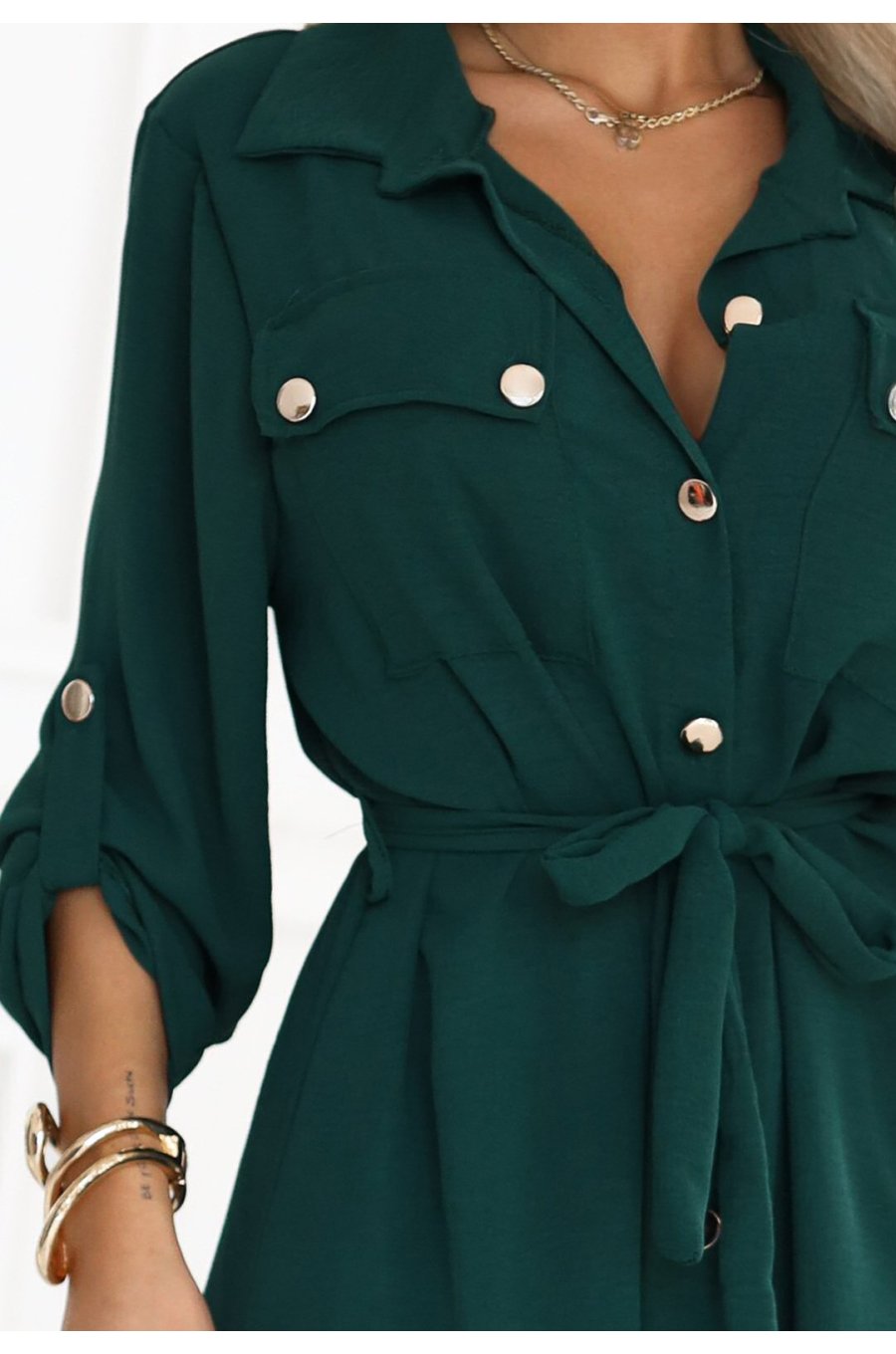 Rochie tip camasa verde midi cu maneca lunga Asiyah 3 - jojofashion.ro