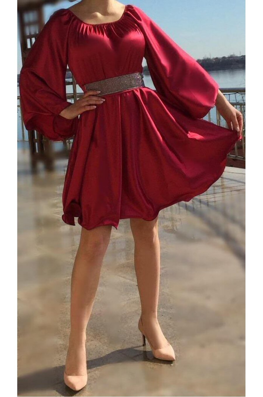 Rochie scurta baby doll din satin burgundy vaporoasa Merida  1 - jojofashion.ro