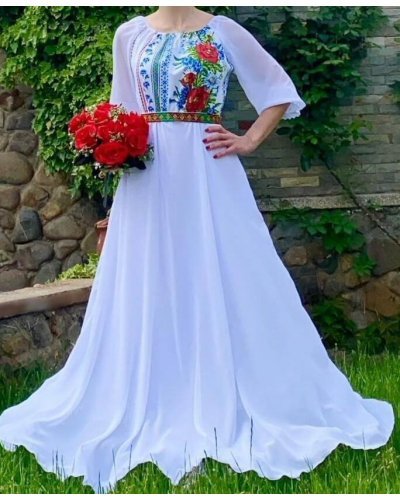 Rochie cu motive traditionale lunga din voal alb Malina