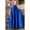Rochie traditionala lunga din tafta albastra cu maci rosii Anna