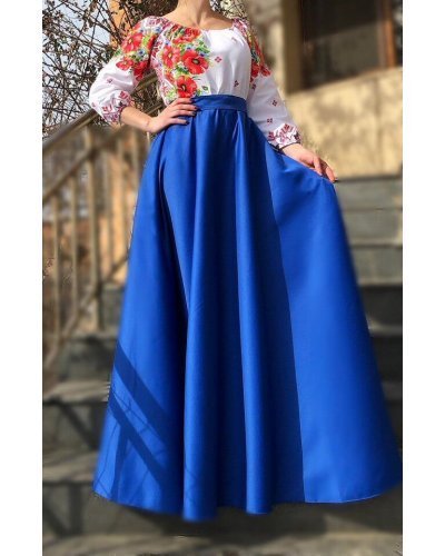 Rochii albastre, Rochie traditionala lunga din tafta albastra cu maci rosii Anna - jojofashion.ro