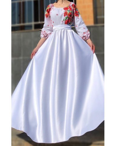 Rochii marimi mari, Rochie traditionala lunga din tafta alba Anna - jojofashion.ro
