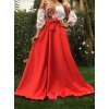 Rochie traditionala lunga din tafta rosie cu maci Anna