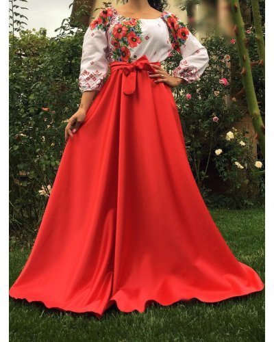 Rochie traditionala lunga din tafta rosie cu maci Anna Rochii rosii, Rochie traditionala lunga din tafta rosie cu maci Anna - jojofashion.ro