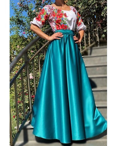 Rochie traditionala lunga din tafta turcoaz Anna Rochii cununie civila, Rochie traditionala lunga din tafta turcoaz Anna - jojofashion.ro