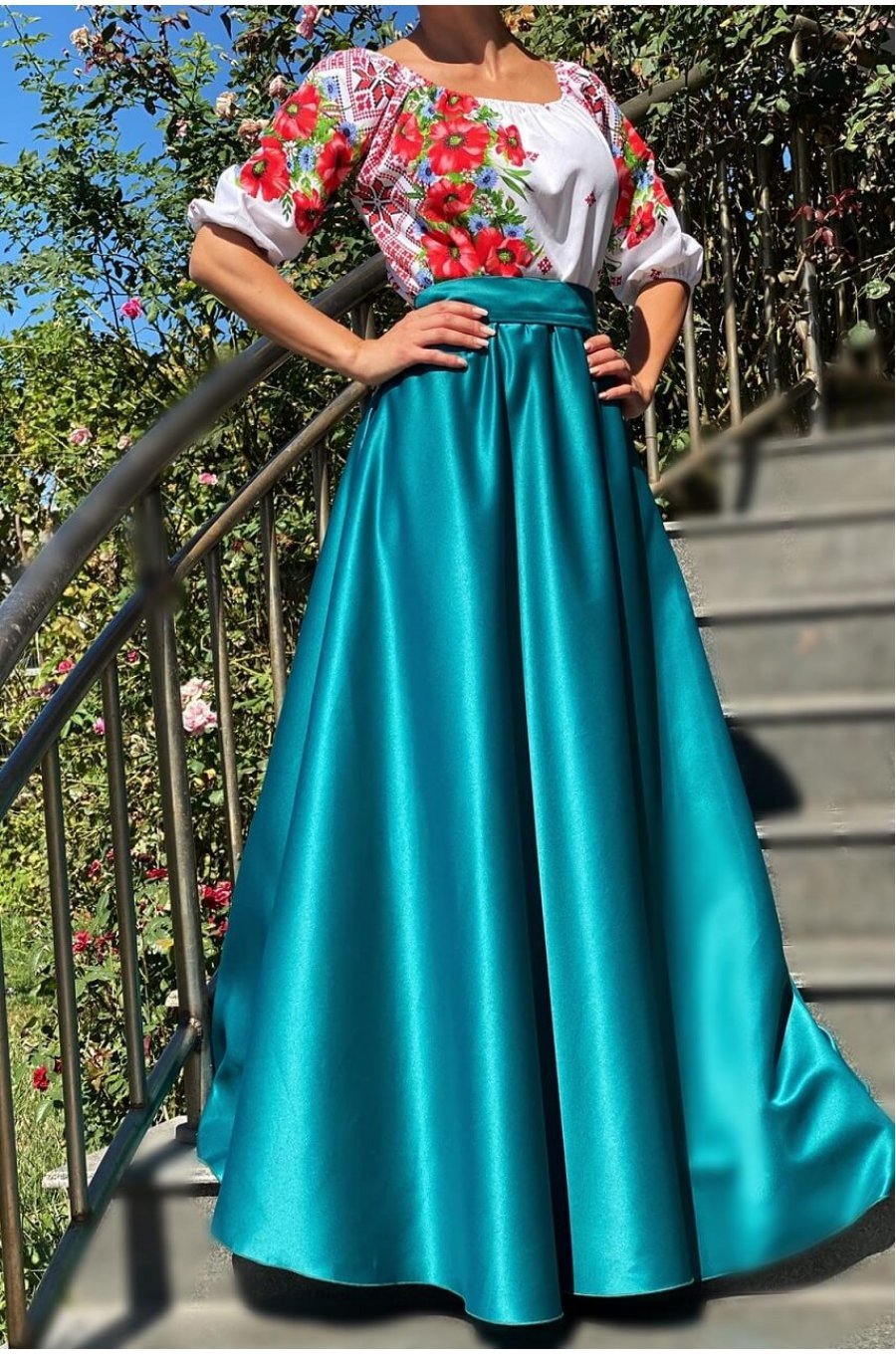 Rochie traditionala lunga din tafta turcoaz Anna 1 - jojofashion.ro