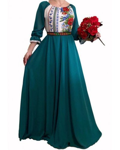 Rochie traditionala lunga verde smarald din voal vaporoasa Malina Rochii de vara, Rochie traditionala lunga verde smarald din voal vaporoasa Malina - jojofashion.ro