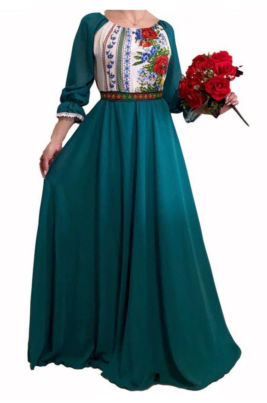 Rochie traditionala lunga verde smarald din voal vaporoasa Malina 1 - jojofashion.ro