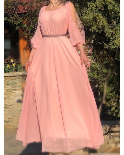 Rochie lunga roz pal din voal vaporoasa Afrodita Rochii lungi, Rochie lunga roz pal din voal vaporoasa Afrodita - jojofashion.ro