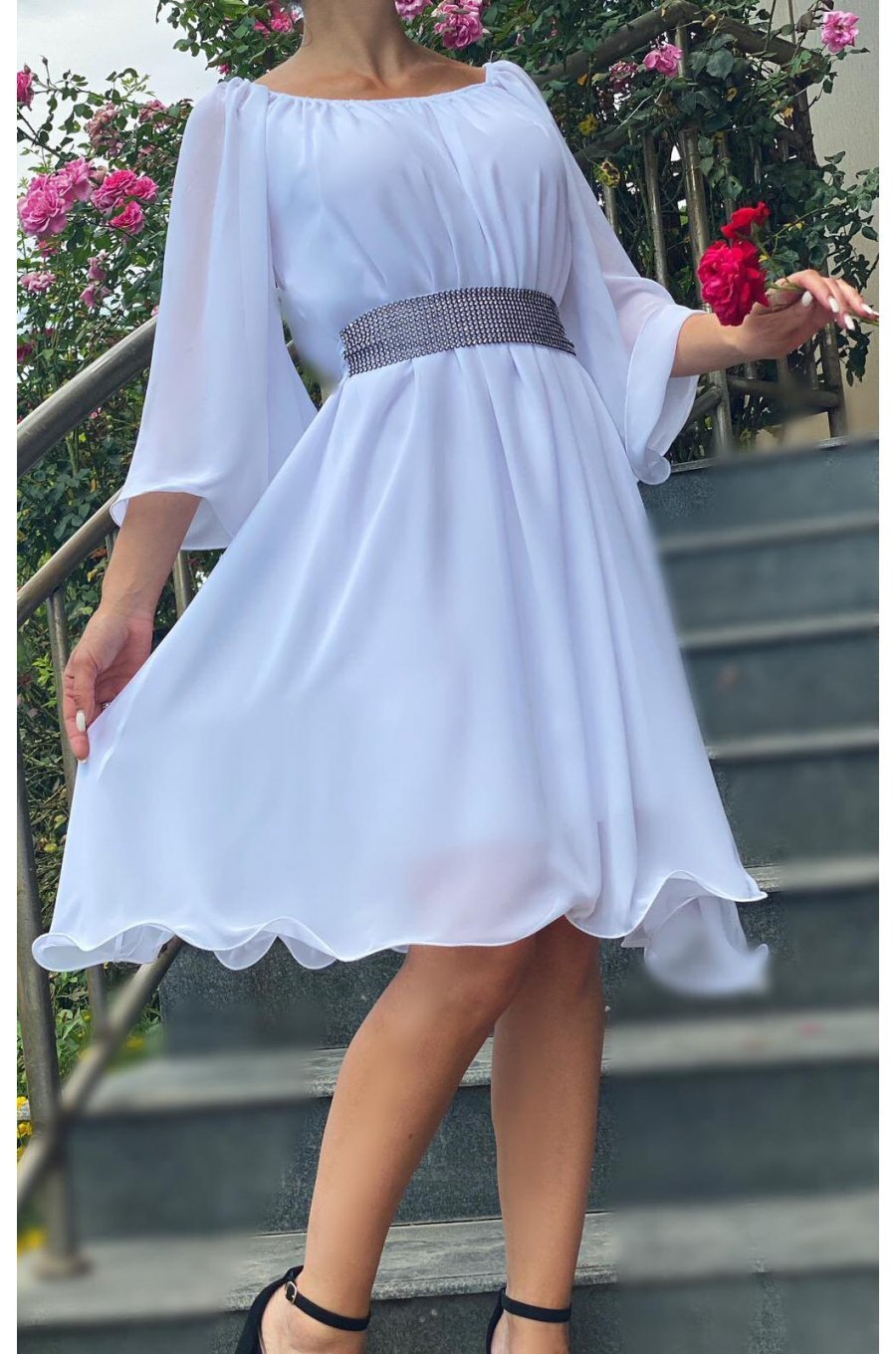 Rochie cununie civila midi, din voal, alba, in clos, Vanessa 1 - jojofashion.ro