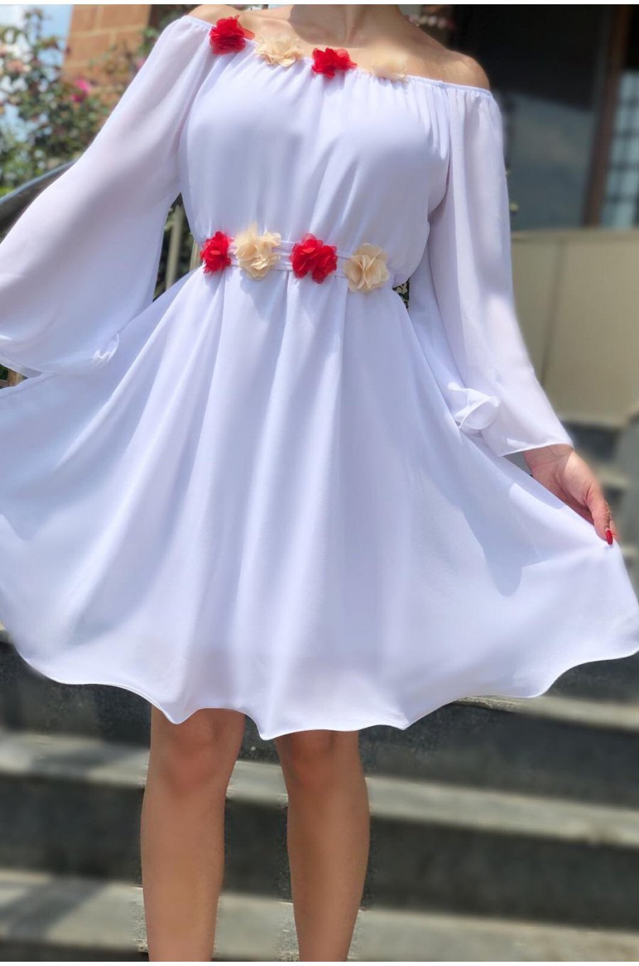 Rochie cununie civila, scurta, din voal, alba, cu maneca lunga, Raisa 1 - jojofashion.ro