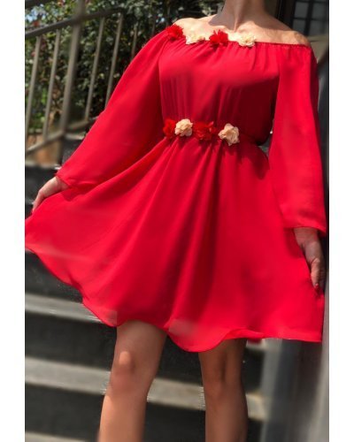 Rochie scurta rosie din voal vaporoasa cu maneca lunga Raisa Rochii scurte, Rochie scurta rosie din voal vaporoasa cu maneca lunga Raisa - jojofashion.ro