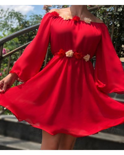 Rochie scurta rosie din voal vaporoasa cu maneca lunga Raisa Rochii scurte, Rochie scurta rosie din voal vaporoasa cu maneca lunga Raisa - jojofashion.ro