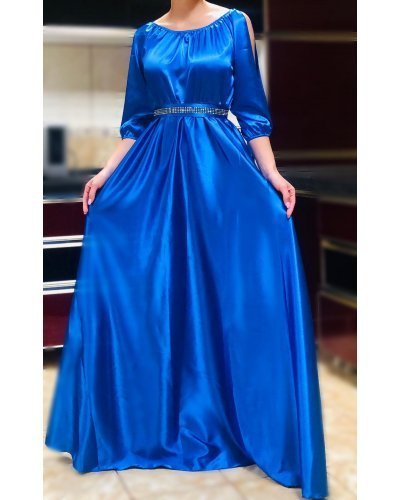 Rochie lunga din satin albastra vaporoasa cu maneca lunga Larisa  Rochii lungi, Rochie lunga din satin albastra vaporoasa cu maneca lunga Larisa  - jojofashion.ro