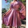 Rochie baby doll din satin roz cu maneca lunga Melike 