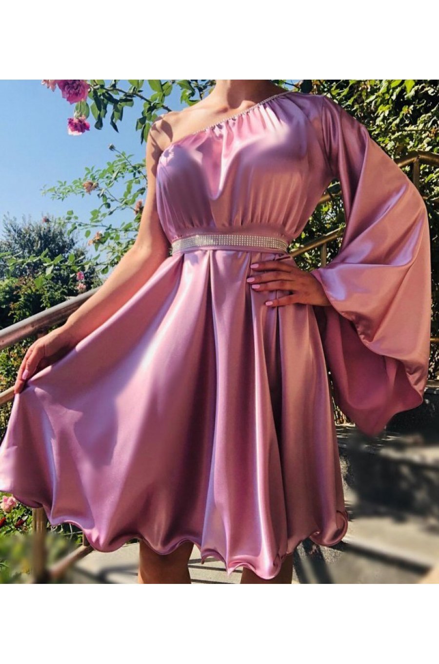 Rochie baby doll din satin roz cu maneca lunga Melike  1 - jojofashion.ro