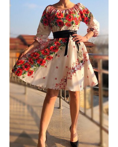 Rochii fabricate in Romania, Rochie traditionala scurta alba cu maci rosii Lesya - jojofashion.ro