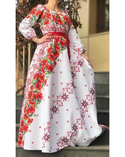 Rochie traditionala lunga alba cu maci rosii Lorelei Rochii albe, Rochie traditionala lunga alba cu maci rosii Lorelei - jojofashion.ro