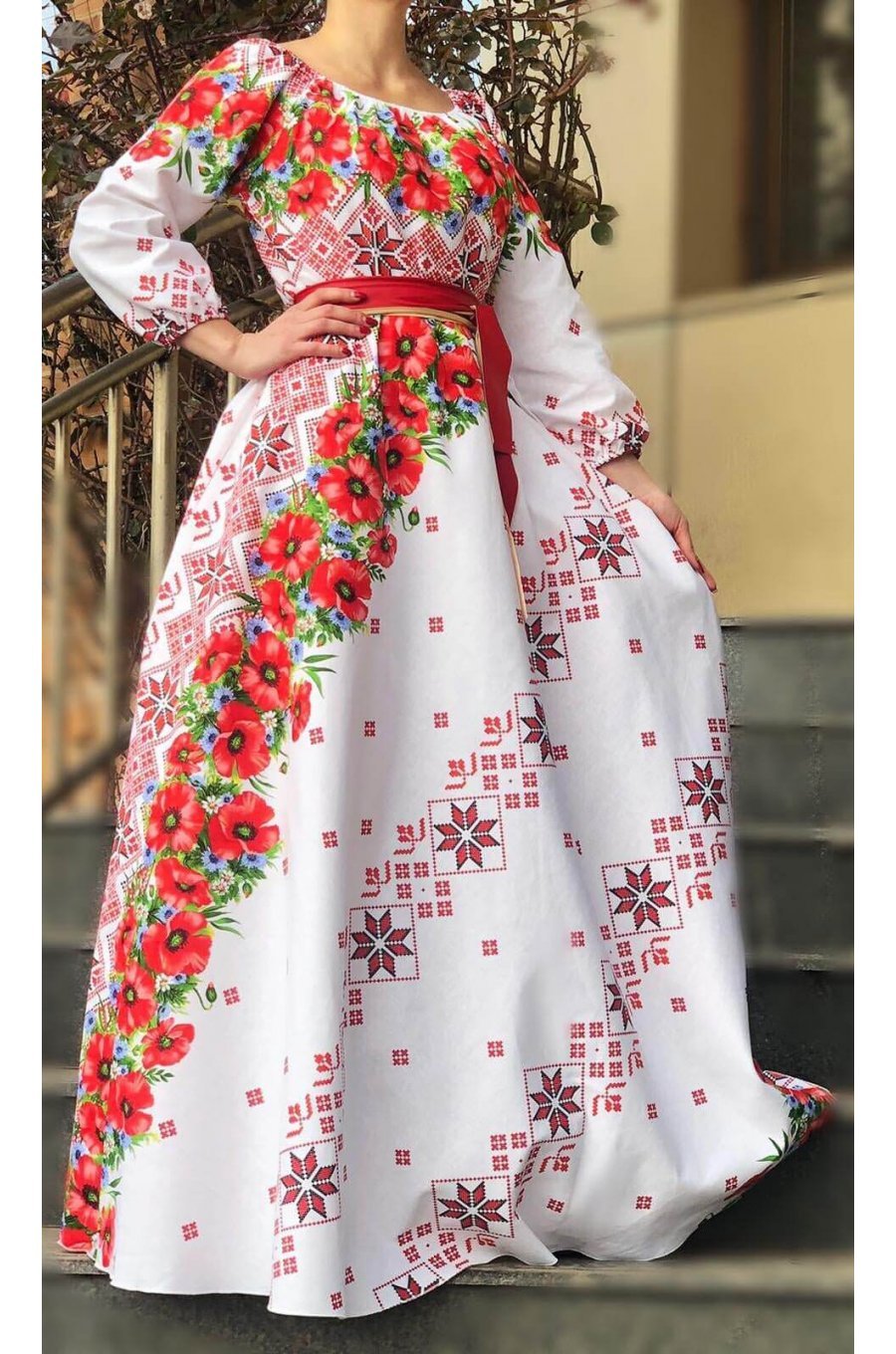 Rochie de zi traditionala lunga alba cu maci rosii Lorelei 1 - jojofashion.ro