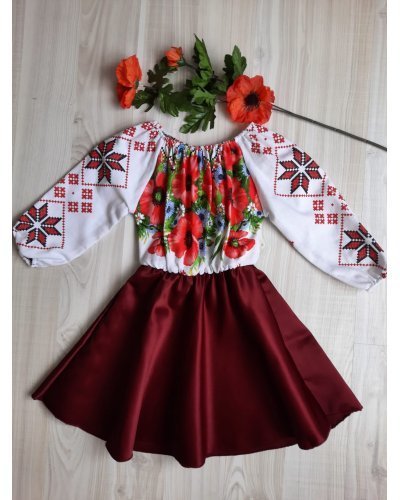 Rochie fata tafta burgundy cu motive traditionale AnnaKid - jojofashion.ro