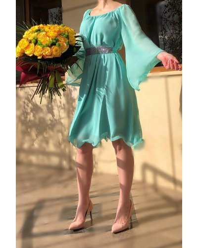 Rochie midi verde menta din voal vaporoasa Vanessa Rochii de Ocazie Elegante, Rochie midi verde menta din voal vaporoasa Vanessa - jojofashion.ro