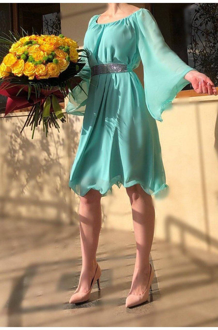 Rochie midi verde menta din voal vaporoasa Vanessa 1 - jojofashion.ro
