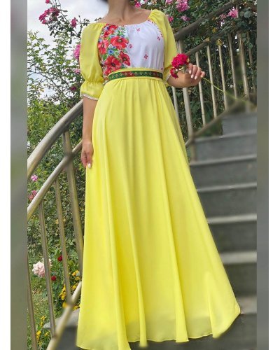 Rochie lunga galbena traditionala din voal vaporoasa Emanuela Rochii cununie civila, Rochie lunga galbena traditionala din voal vaporoasa Emanuela - jojofashion.ro
