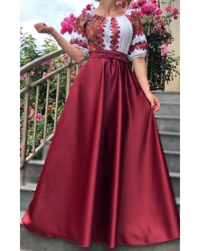 Rochii fabricate in Romania, Rochie traditionala lunga tafta burgundy Carmyna - jojofashion.ro
