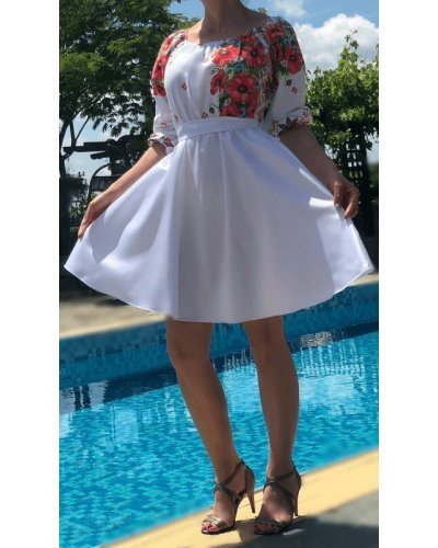 Rochie traditionala midi alba cu maci rosii Azra Rochii albe, Rochie traditionala midi alba cu maci rosii Azra - jojofashion.ro