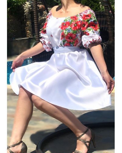 Rochie traditionala midi alba cu maci rosii Azra Rochii albe, Rochie traditionala midi alba cu maci rosii Azra - jojofashion.ro