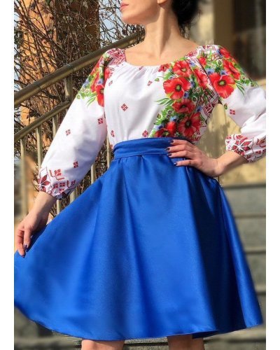Rochii albastre, Rochie traditionala midi tafta albastra cu maci rosii Azra - jojofashion.ro