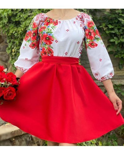 Rochie traditionala midi din tafta rosie cu maci Azra Rochii rosii, Rochie traditionala midi din tafta rosie cu maci Azra - jojofashion.ro