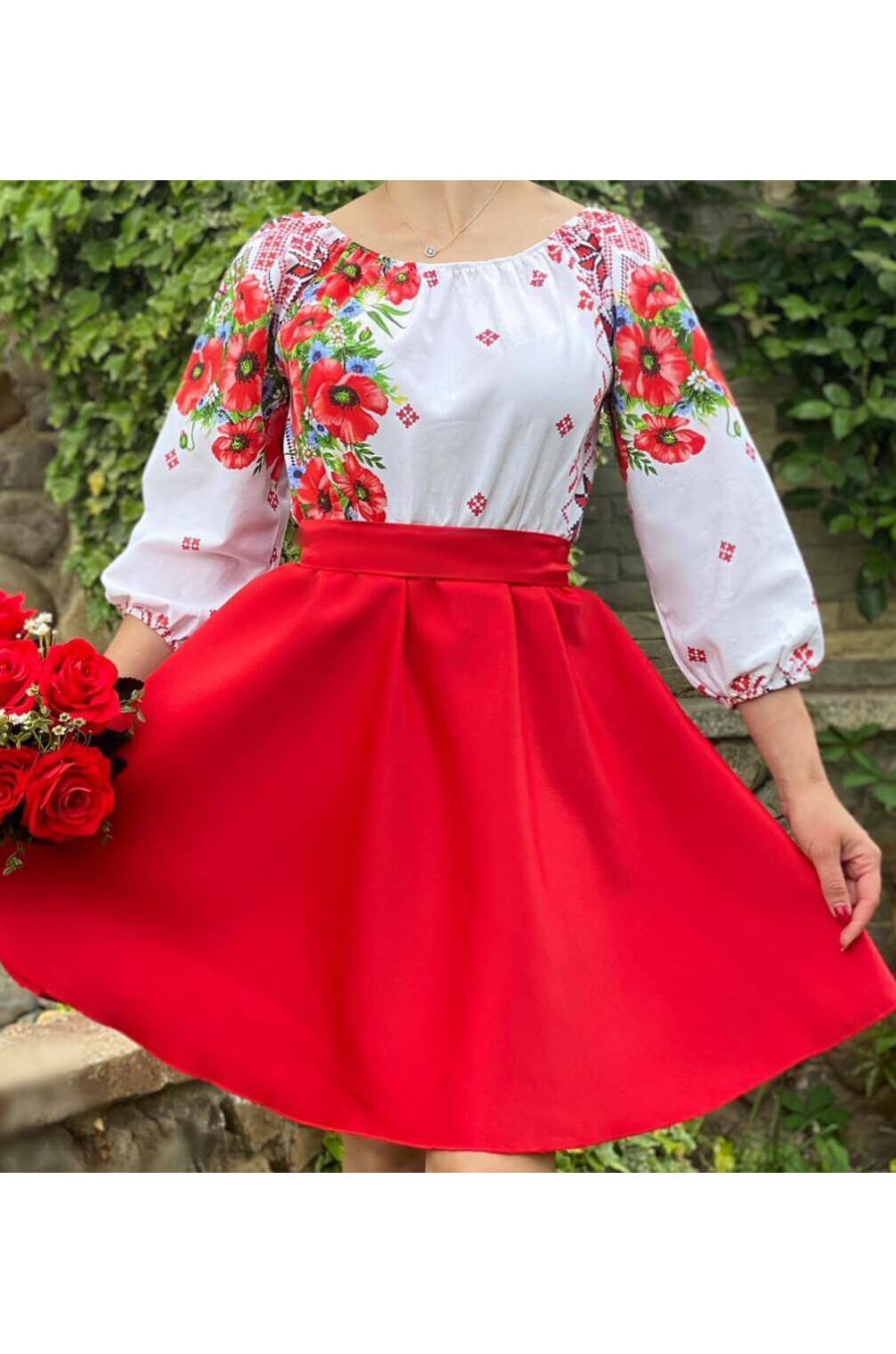 Rochie traditionala midi din tafta rosie cu maci Azra 2 - jojofashion.ro