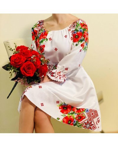Rochie traditionala scurta din tafta alba cu maci Soledad Rochii cununie civila, Rochie traditionala scurta din tafta alba cu maci Soledad - jojofashion.ro