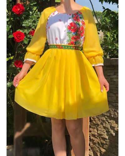 Rochie scurta galbena cu maci din voal cu motive traditionale Loredana Rochii cununie civila, Rochie scurta galbena cu maci din voal cu motive traditionale Loredana - jojofashion.ro