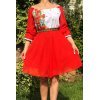 Rochie scurta rosie cu maci din voal cu motive traditionale Loredana