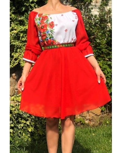 Rochie scurta rosie cu maci din voal cu motive traditionale Loredana Rochii cununie civila, Rochie scurta rosie cu maci din voal cu motive traditionale Loredana - jojofashion.ro
