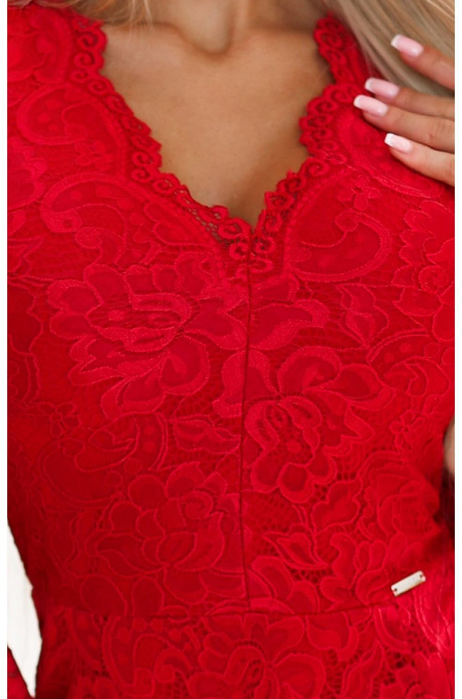 Rochie midi rosie mulata din dantela cu maneca lunga Sofia  4 - jojofashion.ro