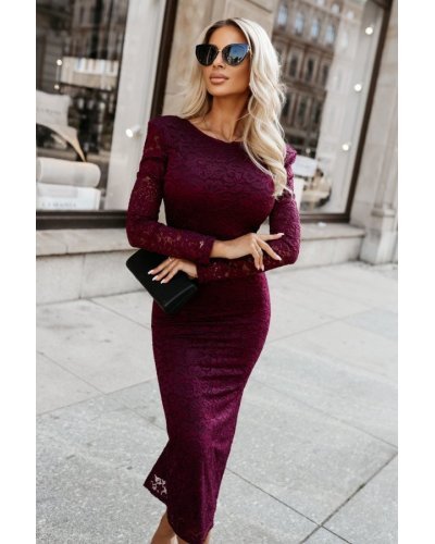 Rochie midi mulata din dantela burgundy cu maneca lunga LisaR Rochii midi, Rochie midi mulata din dantela burgundy cu maneca lunga LisaR - jojofashion.ro