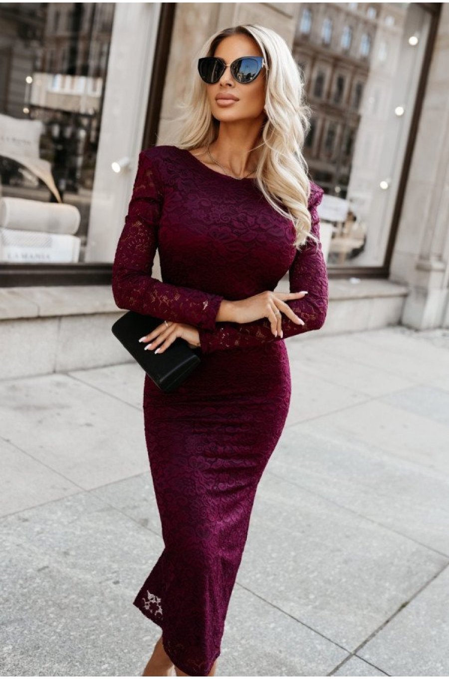 Rochie midi mulata din dantela burgundy cu maneca lunga LisaR 1 - jojofashion.ro