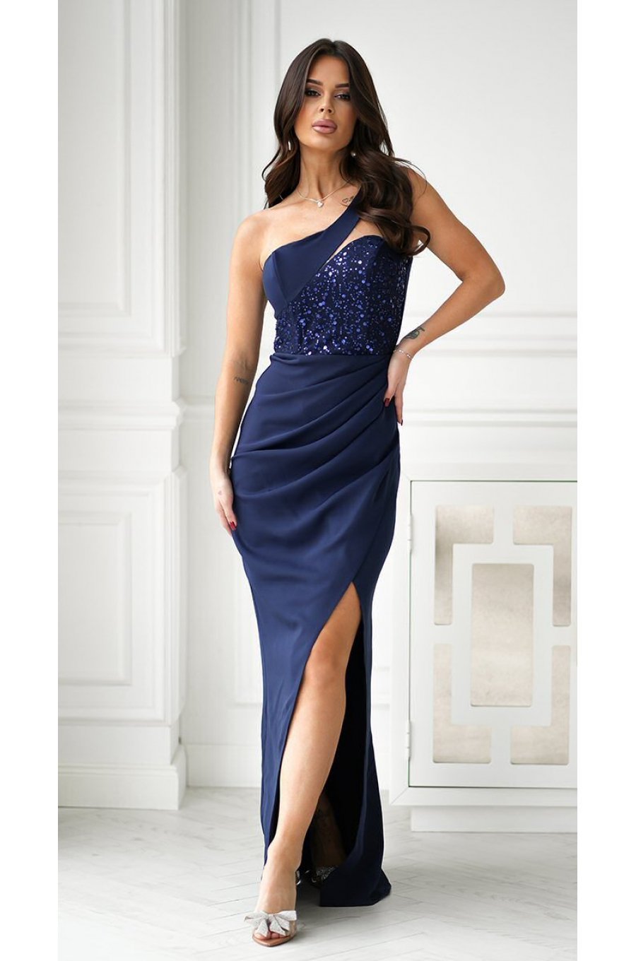 Rochie de nunta lunga bleumarin navy cu paiete pe bust Extravaganza 1 - jojofashion.ro
