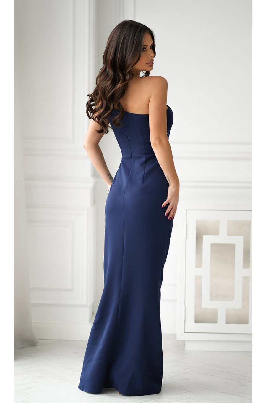Rochie de nunta lunga bleumarin navy cu paiete pe bust Extravaganza 2 - jojofashion.ro
