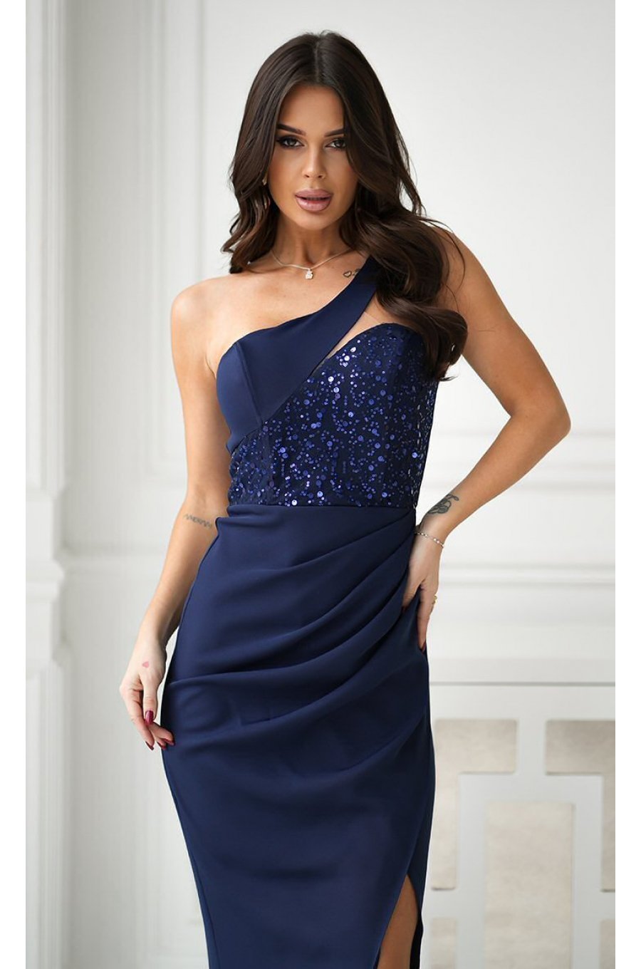Rochie de nunta lunga bleumarin navy cu paiete pe bust Extravaganza 3 - jojofashion.ro