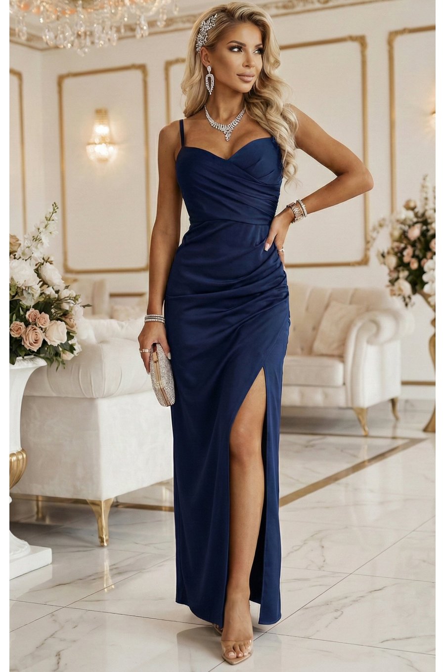 Rochie eleganta lunga bleumarin navy mulata crapata pe picior Astrid 4 - jojofashion.ro