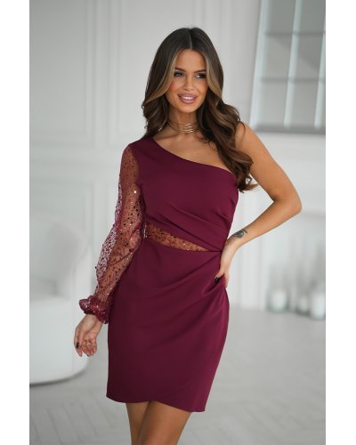 Rochii mulate, Rochie eleganta scurta burgundy mulata cu umar gol si maneca din paiete Seduction - jojofashion.ro