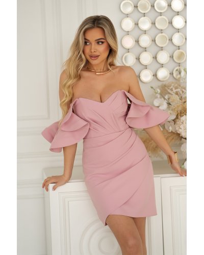Rochii cununie civila, Rochie eleganta scurta roz pudra mulata cu umeri goi Ariana - jojofashion.ro