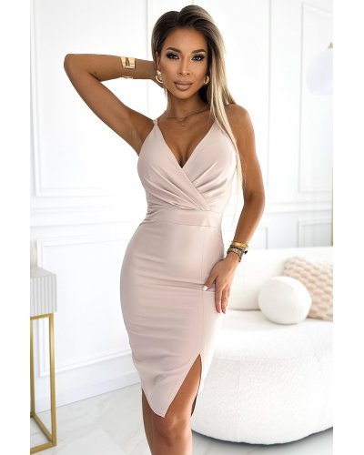 Rochie mulata midi bej cu decolteu petrecut Aniele Rochii scurte, Rochie mulata midi bej cu decolteu petrecut Aniele - jojofashion.ro