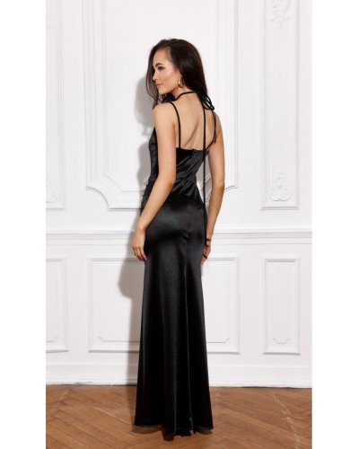Rochie neagra din satin mulata lunga cu floare decorativa LianaR Rochii satin, Rochie neagra din satin mulata lunga cu floare decorativa LianaR - jojofashion.ro