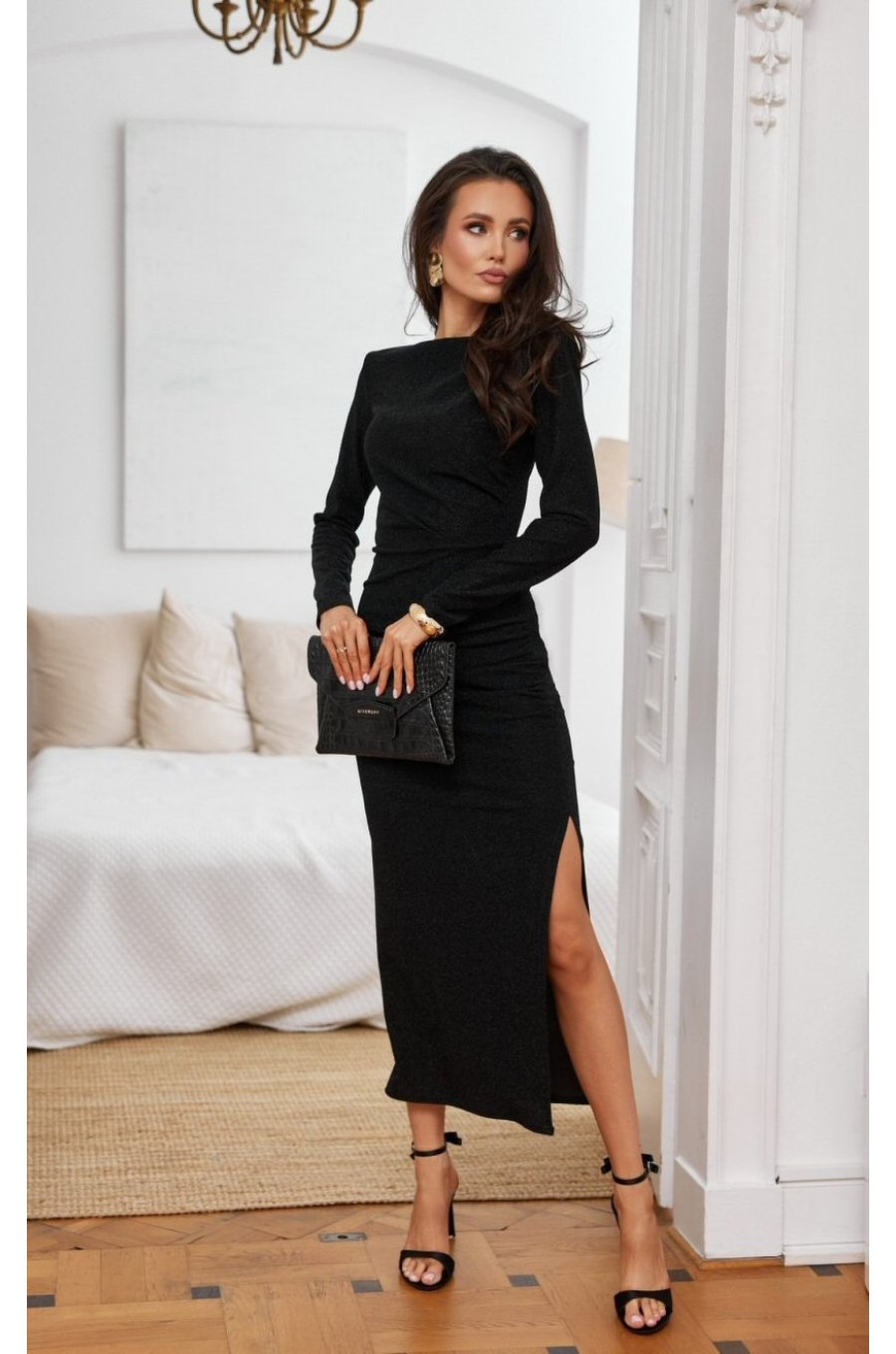 Rochie neagra midi mulata cu maneca lunga Rhea 1 - jojofashion.ro